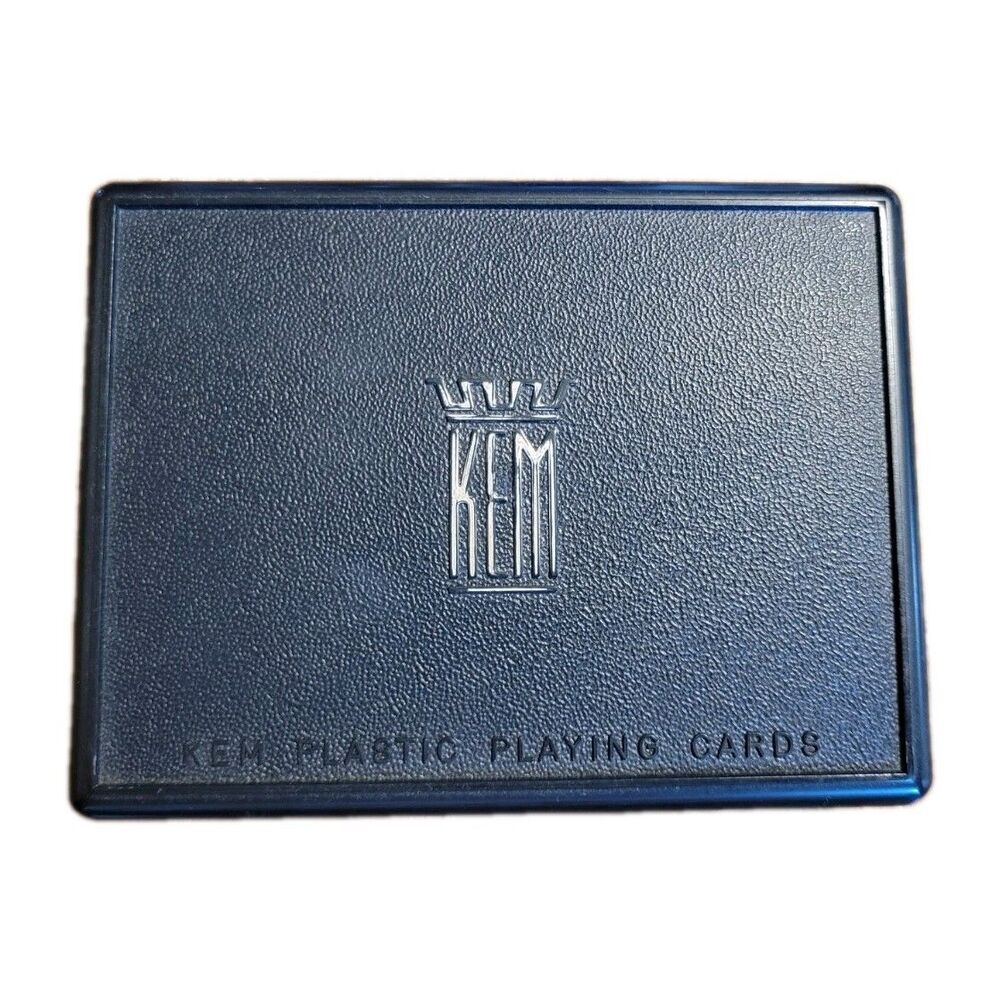 Vintage KEM Playing Cards Double Deck Set W/ Case Ace Blue & Red Plastic